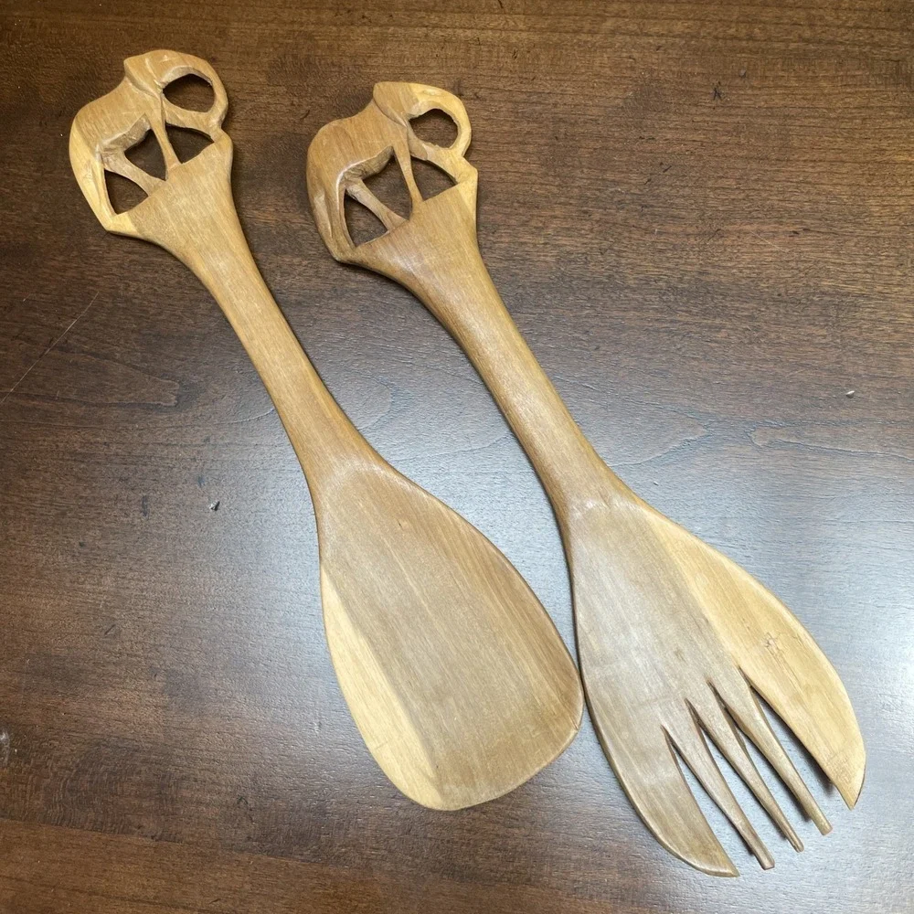 AFRICAN HAND CARVED KENYAN OLIVE WOOD ELEPHANT SALAD SERVERS 2PC SET 12